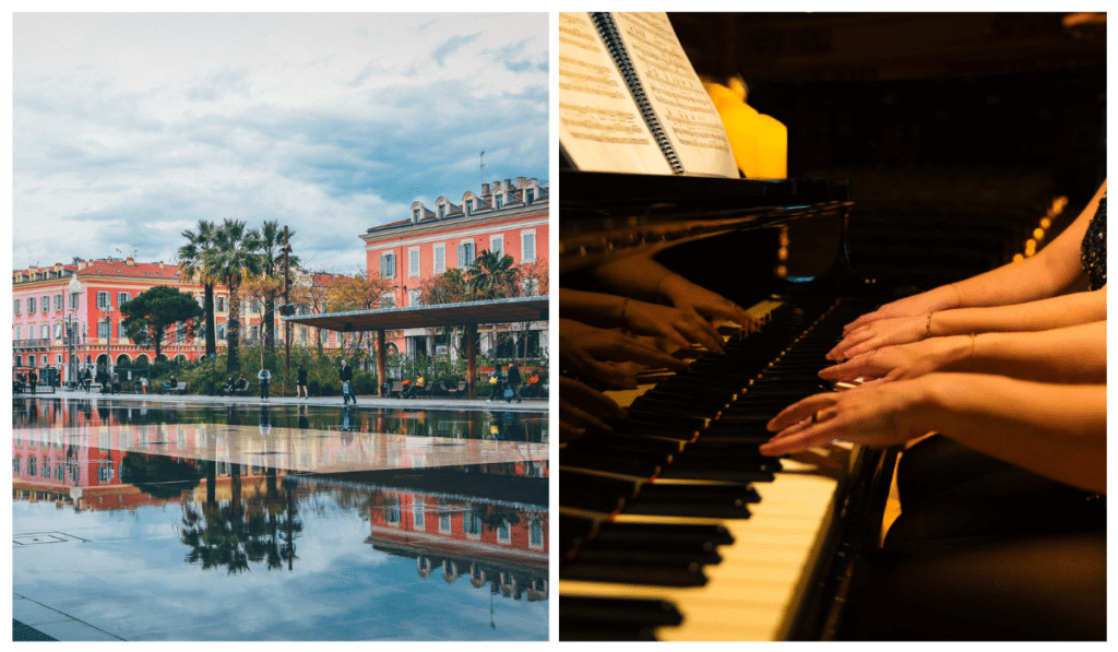 Photo du miroir d'eau de Nice sur la promenade du paillon en plein jour et d'un gros plan sur les mains de pianistes jouant un morceau en duo